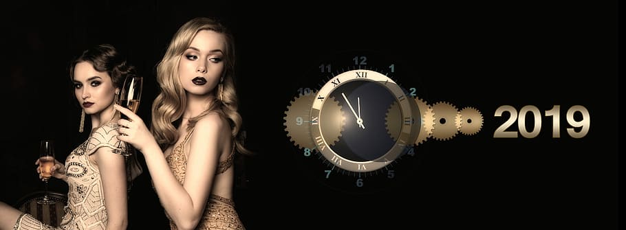 2019 advertisement, new year's eve, new year's day, party, woman, celebrate, clock, time, 2019, champagne