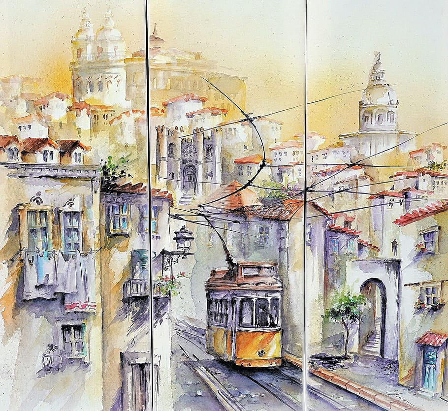 lisbon, view, artist, portugal, traditional, tram, scene, painting, built structure, architecture