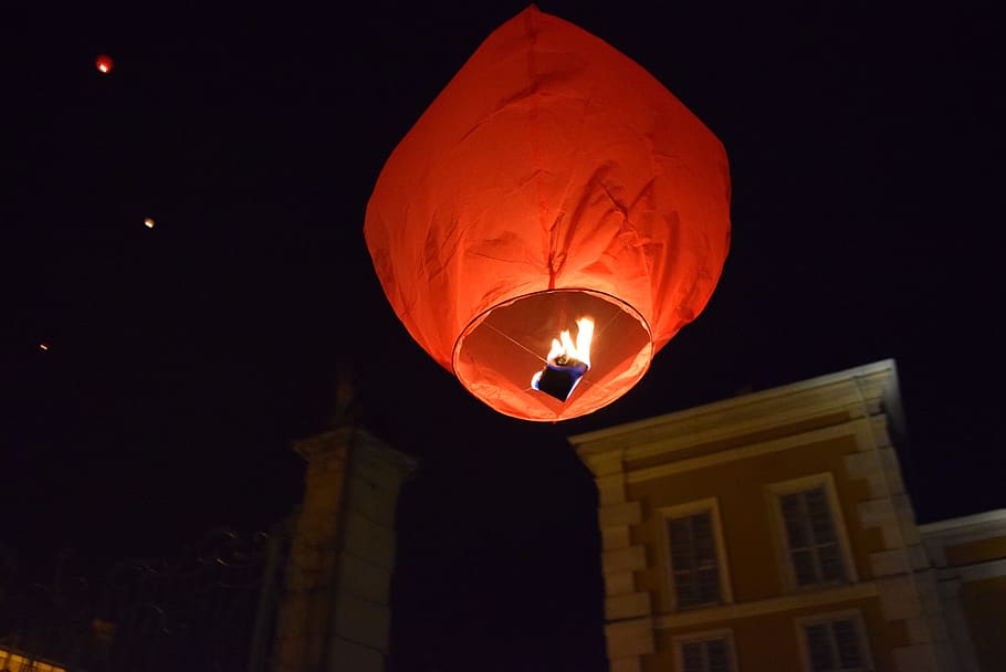 hot-air ballooning, minimongolfiera, Hot-Air Ballooning, minimongolfiera, fire, night, light, air, lantern, electric Lamp, illuminated