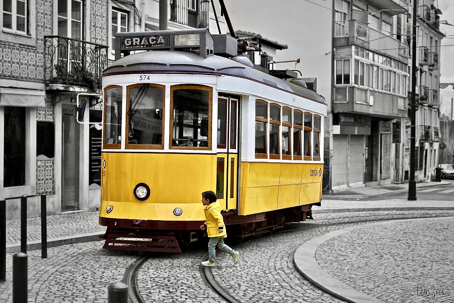 lisbon, yellow, child, tram, selective colour, cable car, public transportation, transportation, city, mode of transportation