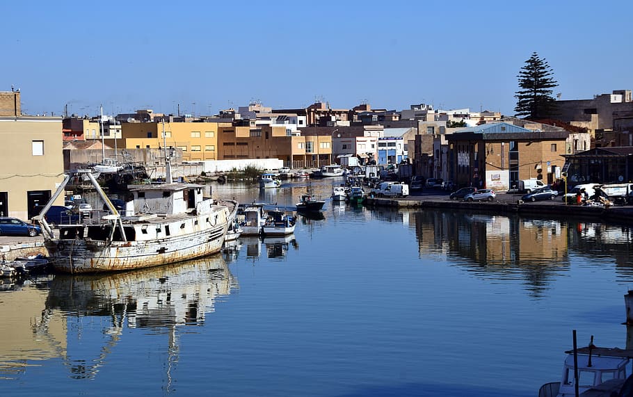 port, river, sicily, mazara del vallo, mouth, water, quiet, old, ships, italy