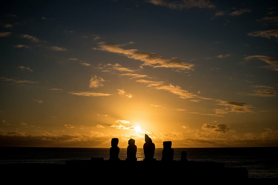 silhouette of cliff, easter island, chile, statues, ancestors, ahu tahai, holiday, sea, ocean, sunset