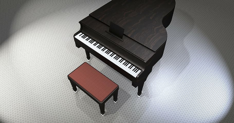 black grand piano, piano, wing, music, instrument, piano keys, keyboard instrument, piano keyboard, piano stool, 3d model