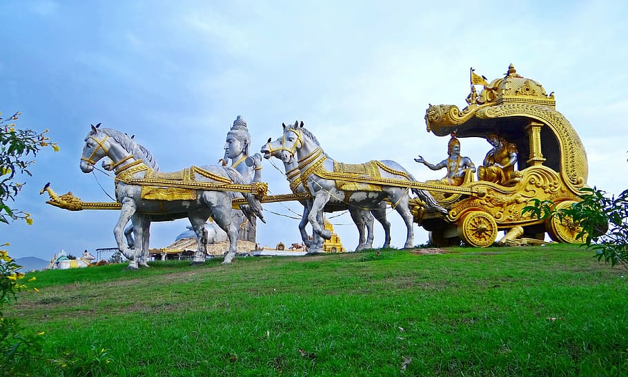 statue, people, wagon, pulled, horses, murudeshwar, arabian sea, karnataka, gopuram, konkan