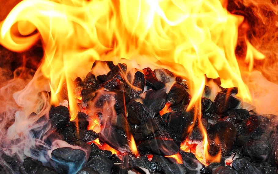 fogo, fumaça, quente, carvão, incensário, a chama, acender, grelha, temperatura, vermelho
