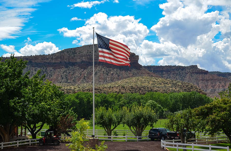 Estados Unidos, Utah, Rancho, Granja, americano, bandera, bandera de estados unidos, aleteo, bandera americana, bandera en el viento