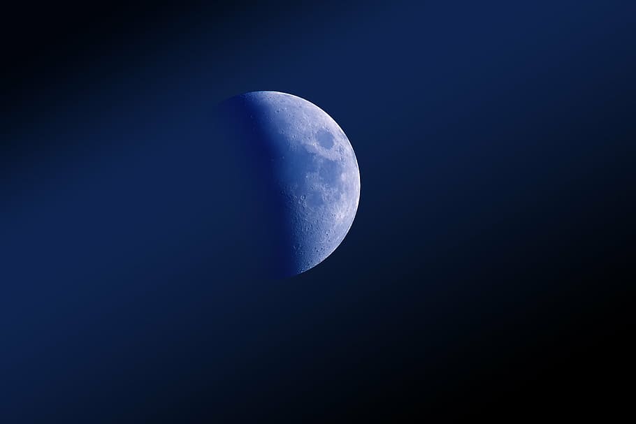 low, angle photography, half moon, moon, zoom, partly cloudy, night sky, sky, telephoto lens, moonlight