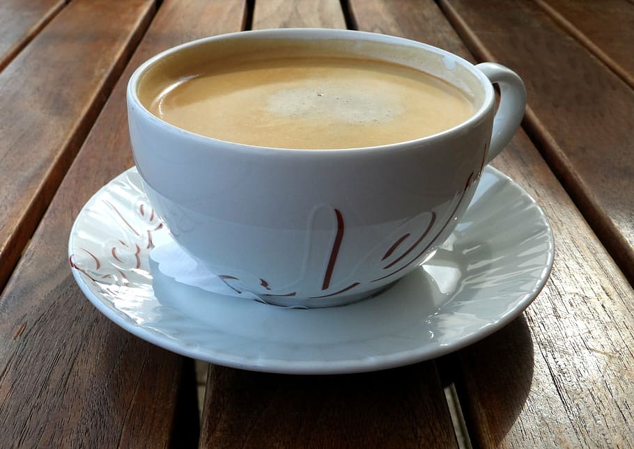 white, ceramic, cup, filled, latte, round, saucer, brown, wooden, surface