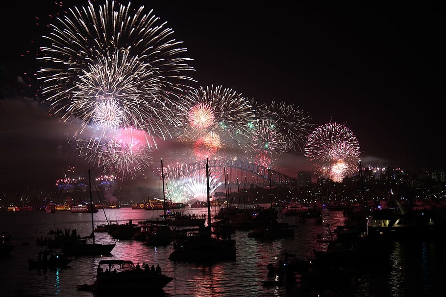 fogos de artifício, sydney, véspera de ano novo, tarde, noite, porto, cores, festival, queima de fogos de artifício, celebração