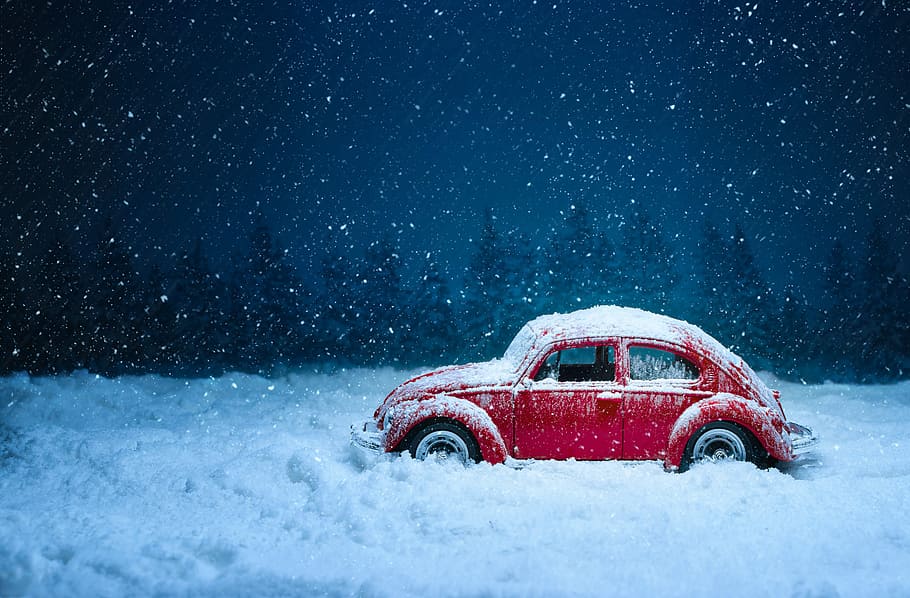 red, volkswagen beetle, ice, Winter, Toy, Vintage, Creative, Play, color, christmas