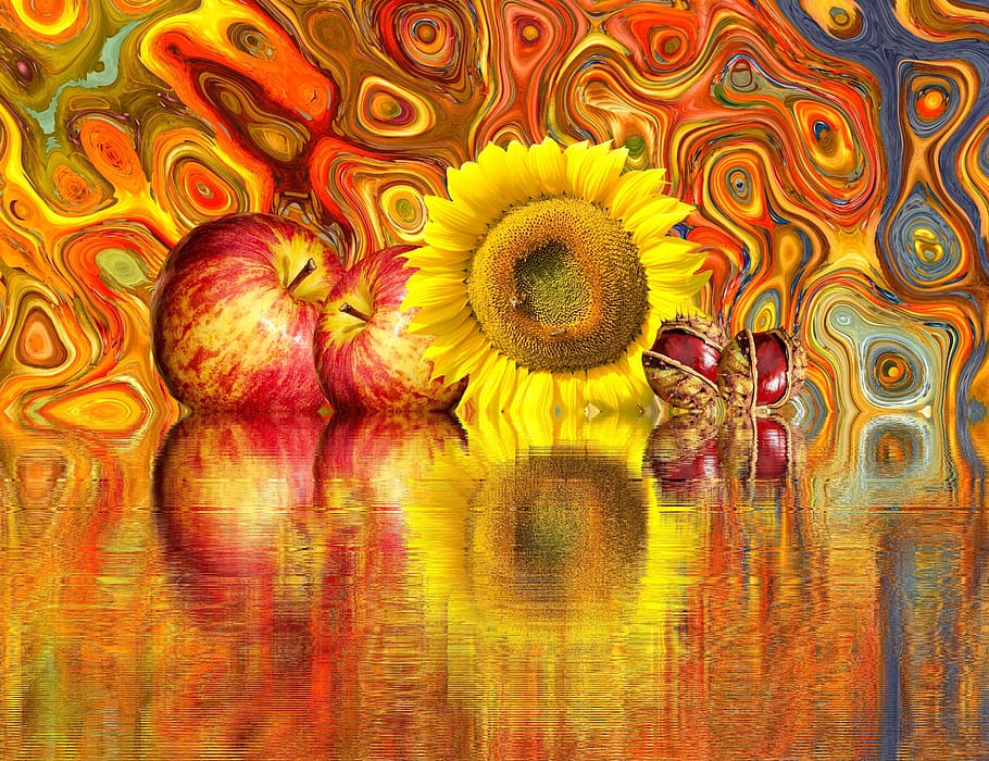 yellow, sunflower, two, red, apples, brown, surface, autumn, sun flower, chestnut