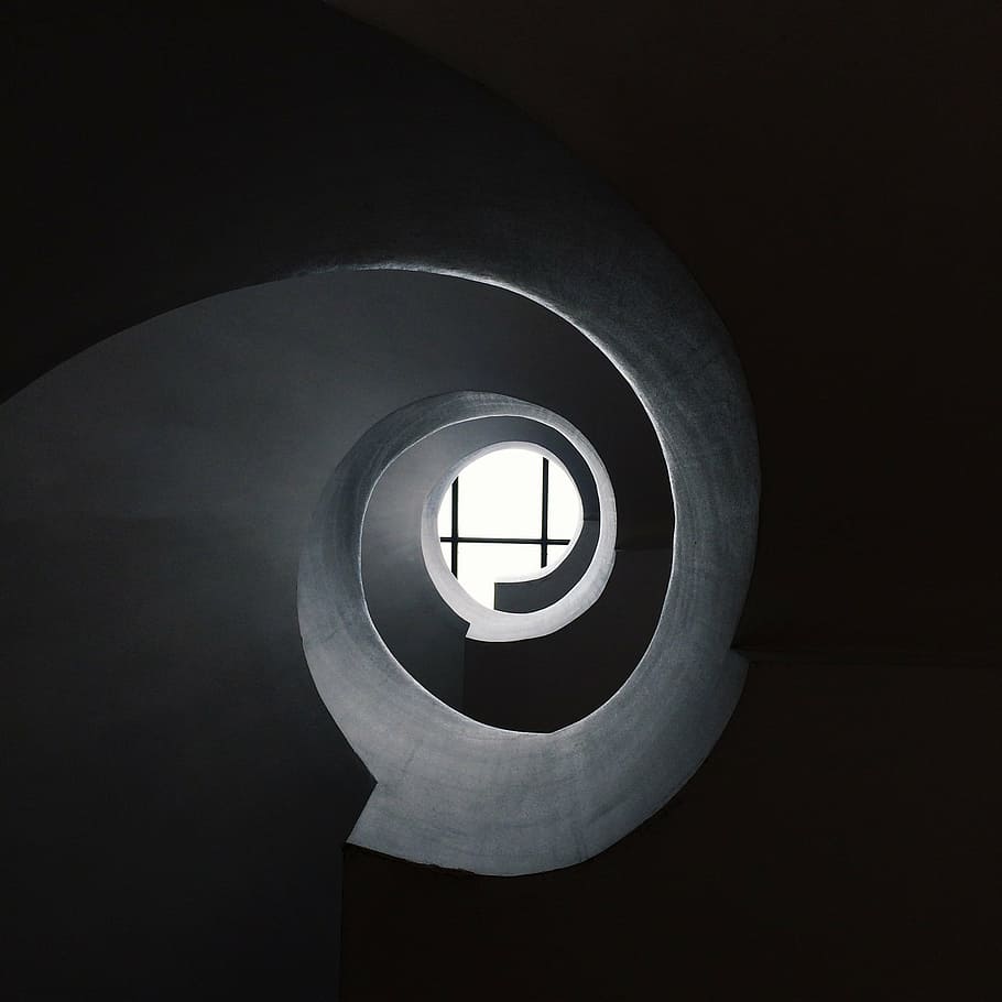 spiral tunnel, staircase, window, ceiling, architecture, interior, home, building, design, modern
