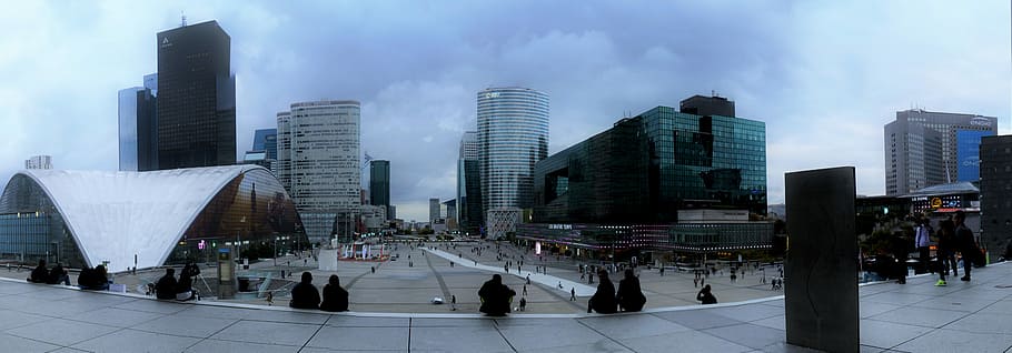 dois edifícios de concreto, França, Paris, La Défense, Vidro, arranha céus, moderno, fachada de vidro, nuvens, cidade