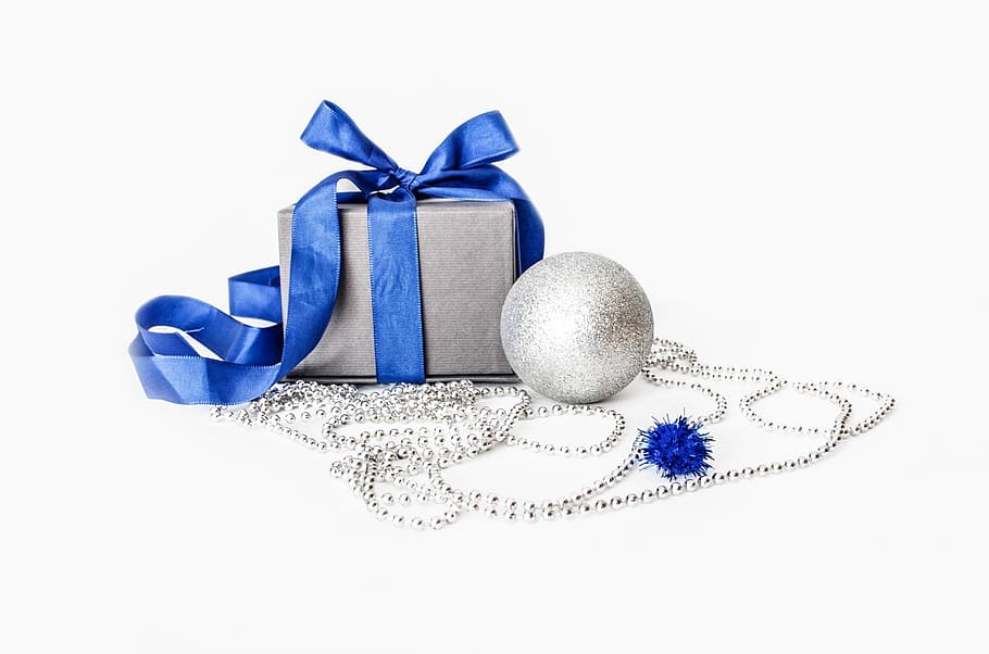 gray, blue, gift box, silver bauble, christmas, xmas, decoration, seasons, holiday, december