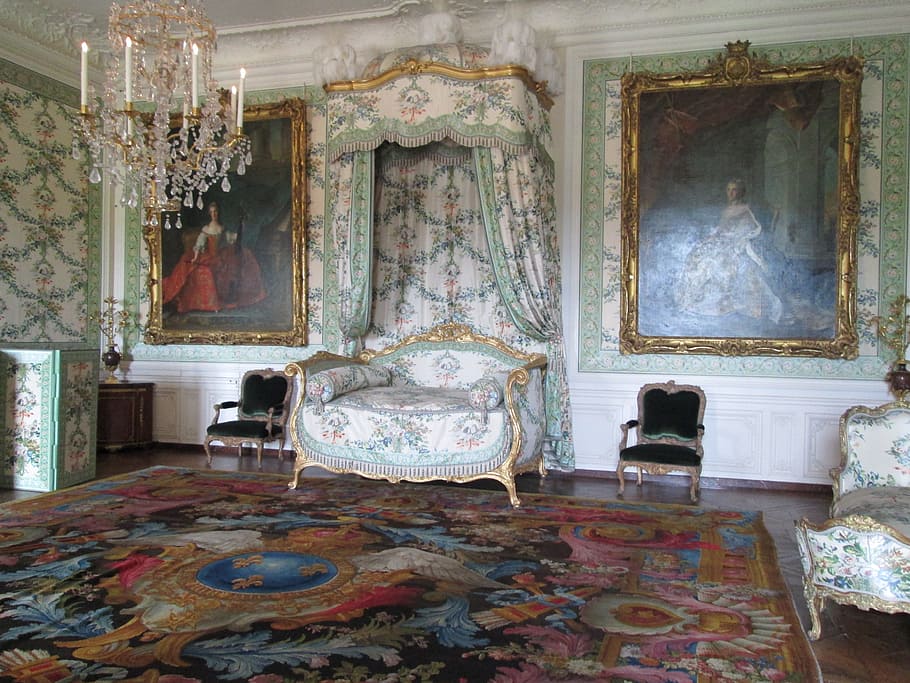 loveseat, cenefa de ventana, Versalles, interior, habitación, vintage, estaca, alfombra vieja, habitación doméstica, muebles