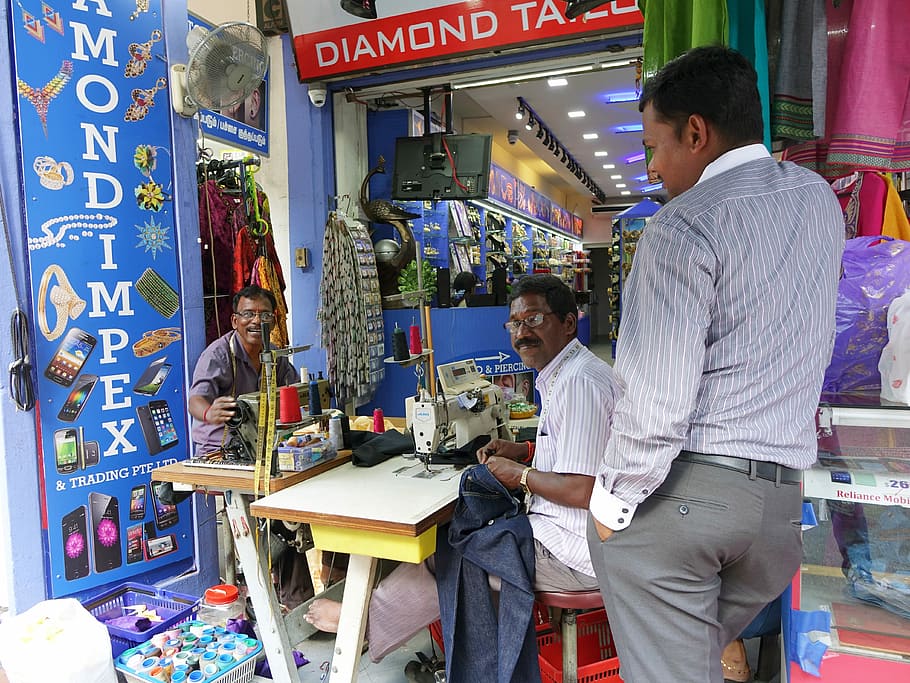 man, standing, another, man sewing clothes, Tailors, Singapore, India, working, indian, tamil
