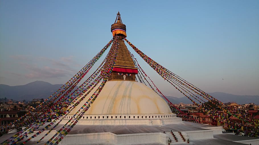 brown, stufa, blue, sky, daytime, boudhanath stupa, boudhanath, boudha, bouddhanath, baudhanath
