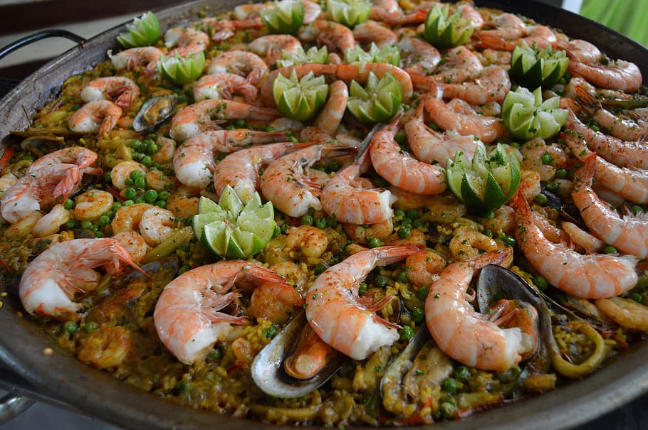 seafood paella, Travel, Vacation, Hotel, Buffet, Food, shrimp, seafood, tasty, hors d'oeuvres