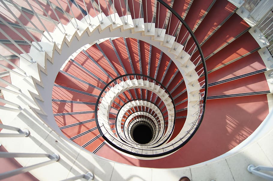 level, architecture, stairs, spiral, emergence, staircase, gradually architecture, red, steps and staircases, spiral staircase
