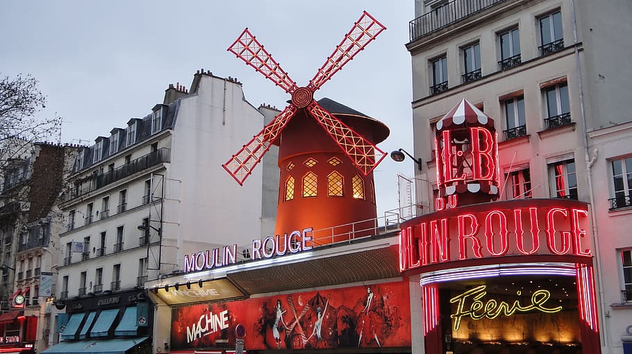 Moulin Rouge, Paris, Architecture, travel, building, city, business, urban, neon, urban Scene
