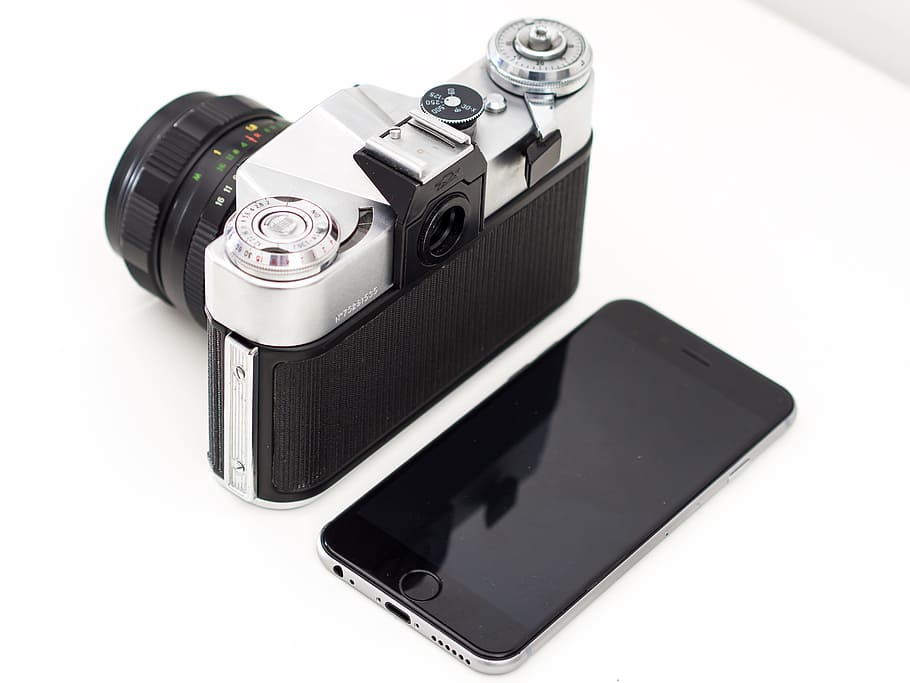 black, silver camera, space, gray, iphone 6, table, silver, film camera, iphone, ios