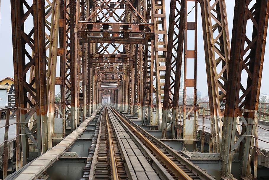 ponte de aço marrom, longo, bem, ponte, ponte velha, ha noi, vietnã, paisagem, ki trn truc, história