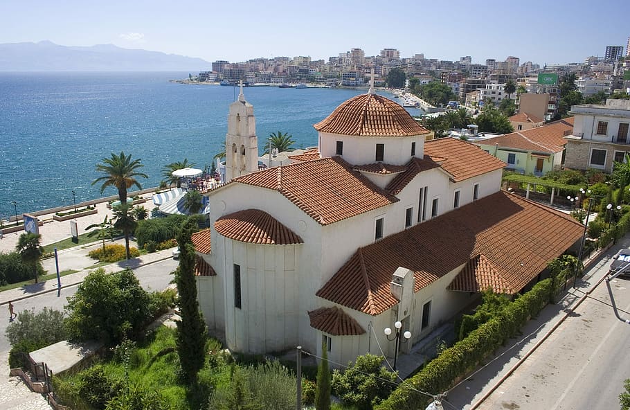 brown, shingle roof cathedral, Church, Albania, Beach, Sea, Ocean, summer, water, hot