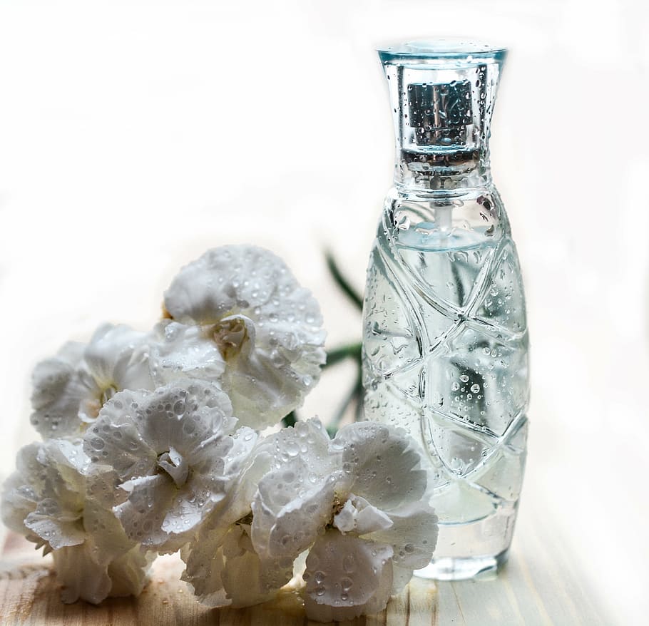 white, carnation flowers, clear, cut-glass, bottle, close, perfume, glass, cosmetics, fragrance