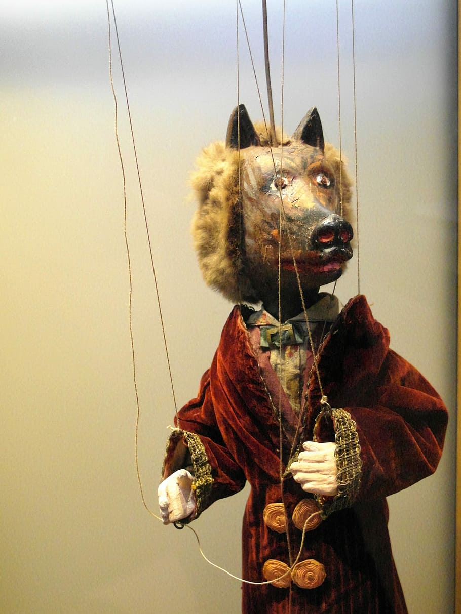 Marioneta, lobo, cartón, teatro, un animal, una sola mujer, una persona, solo mujeres, temas de animales, día