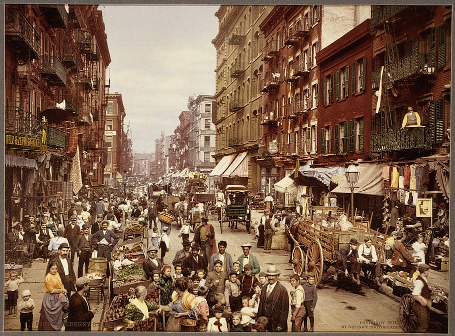 crowd, people, streets, buildings, new york city, 1890, vintage, mulberry street, new york, manhattan