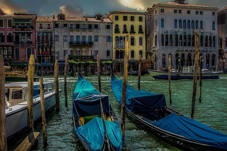venesia, malam, sinar bulan, gondola, kanal, italia, venezia, grand canal, eropa, unesco