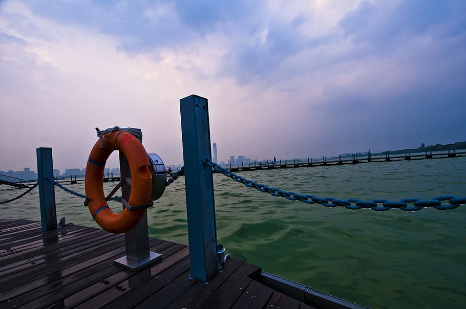 suzhou, jinji lake, sky, lake, leisure, the scenery, life buoy, orange, blue, green