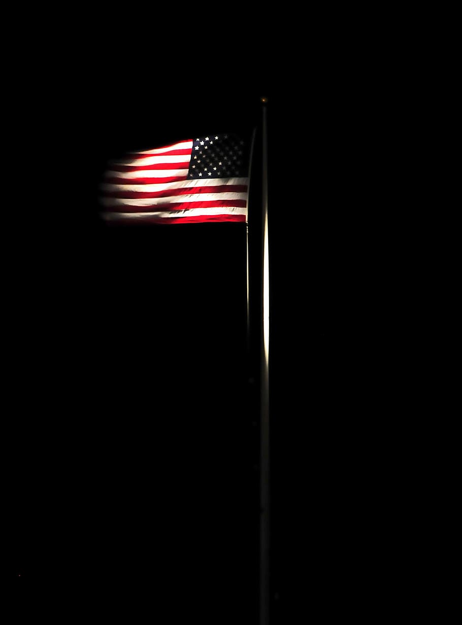 флаг, единый, государство, Америка, полюс, черный, фон, американский флаг, ночь, освещенная