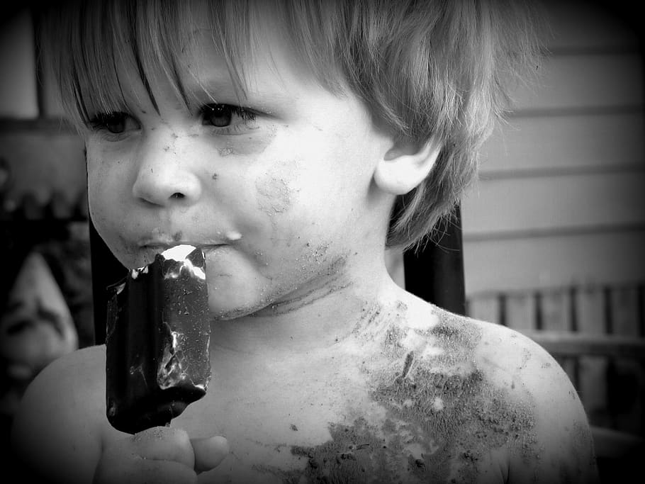 boy, eating ice cream, dirty, face, black and white, food, child, dessert, happy, kid