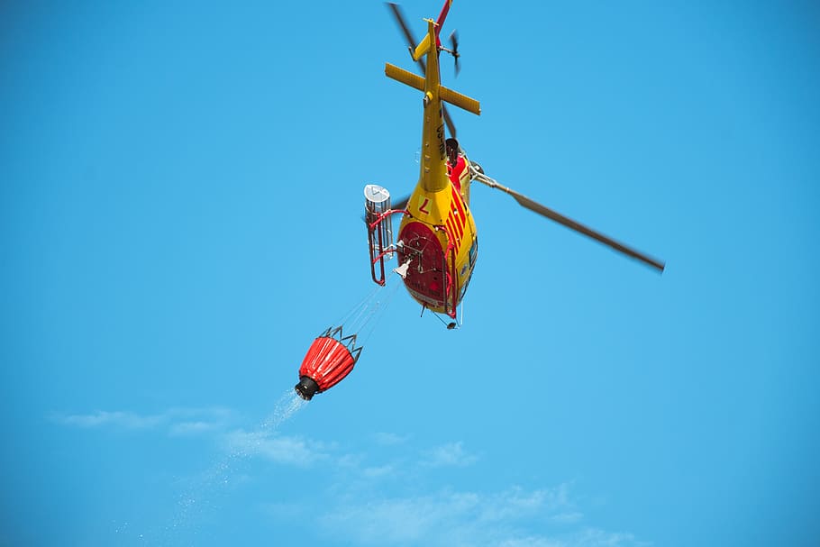 helicopter, extinguish, forest fire, sky, low angle view, nature, blue, hanging, red, day