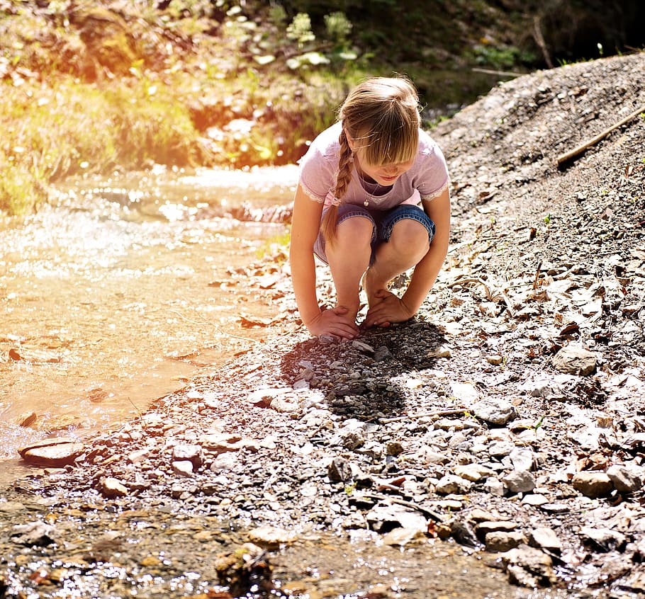 person, human, child, girl, blond, barefoot, bach, brook, stones, water