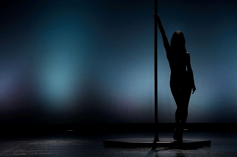 silhouette, woman, standing, pole, dance, ballerina, figure, show, performance, palo