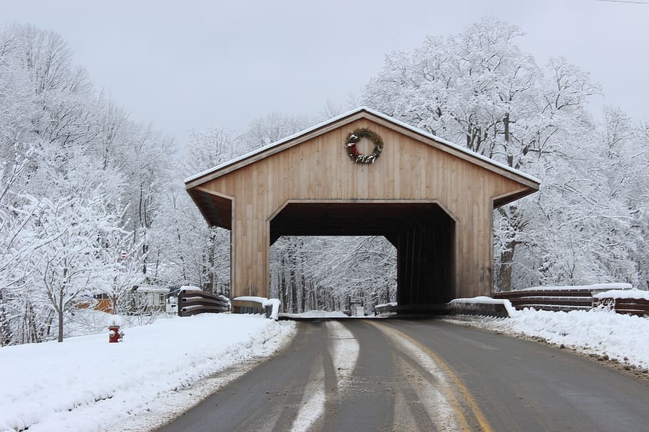 covered bridge, winter, new england, landscape, scenic, white, bridge, countryside, wood, snowy