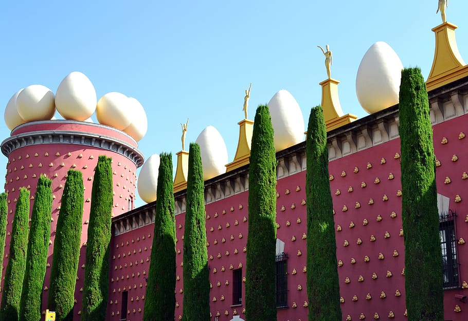 pine tree, surrounded, building, dali museum, figueras, wall, egg, cypress, spain, building exterior