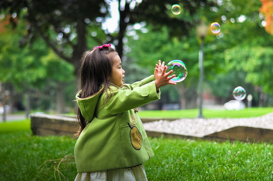 girl, playing, bubbles, green, grass field, child, childhood, cute, kid, female