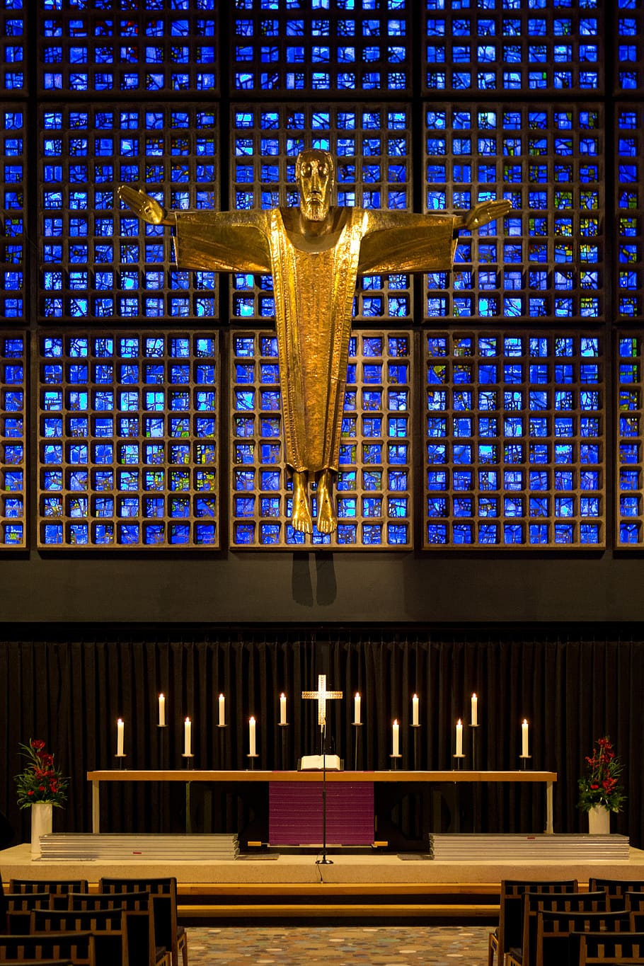 memorial, church, modern, altar, gold cruciform christ, vibrant stained glass, geometric, candles, berlin, christianity