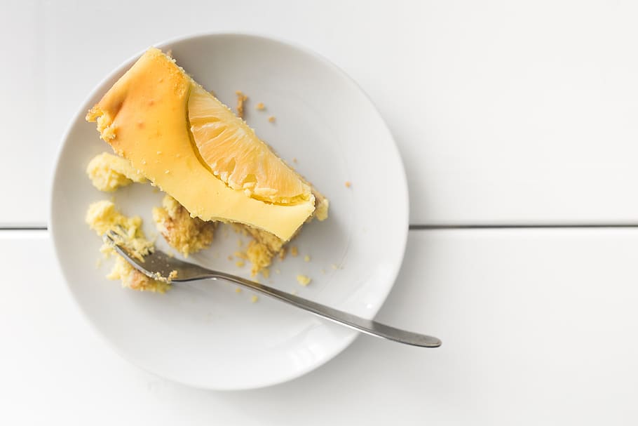 cake, plate, fork, cheese, cheesecake, yellow, white, topview, closeup, bake