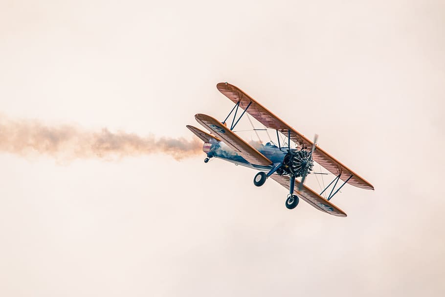 blue, brown, airplane, sky, clear, white, daytime, boeing stearman pt-13d, double decker, aircraft