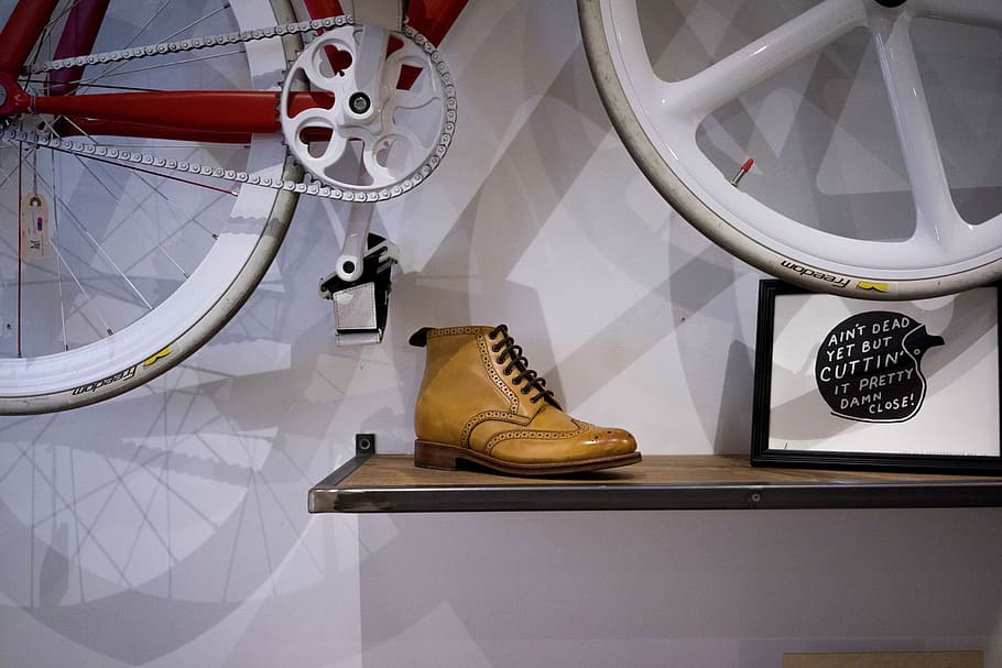 shoes, shoelace, brown, leather, design, art, bike, frame, table, bicycle