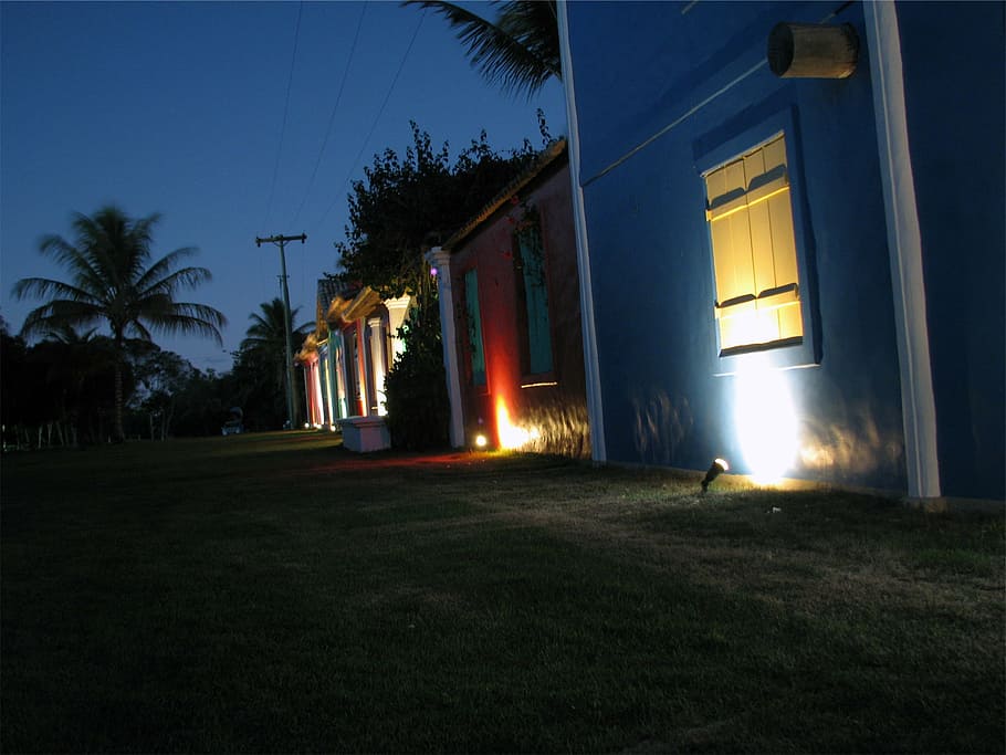photography, blue, white, concrete, building, silhouette, palm, tree, near, house