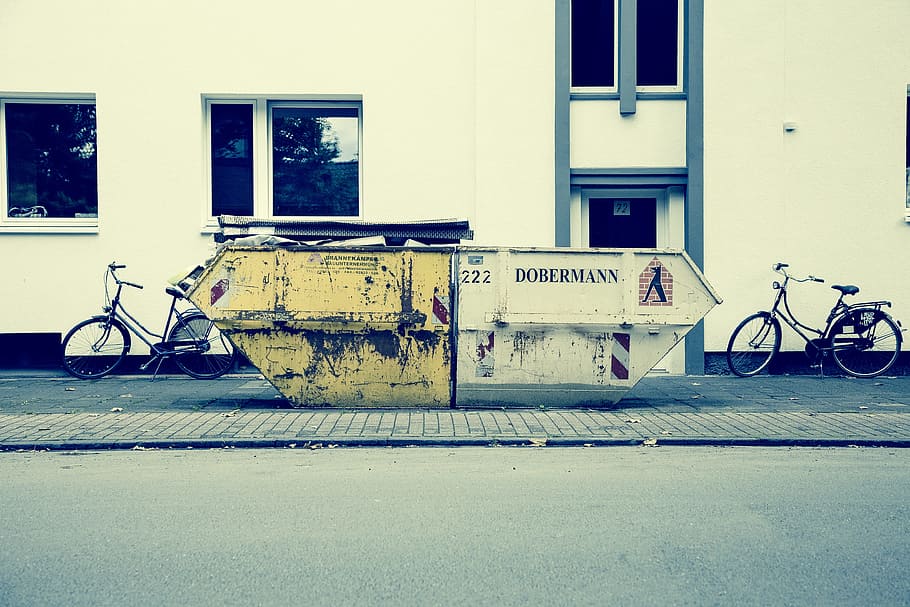 Blanco, amarillo, industrial, máquina, gris, pavimento, Contenedor de basura, basura, rueda, bicicleta