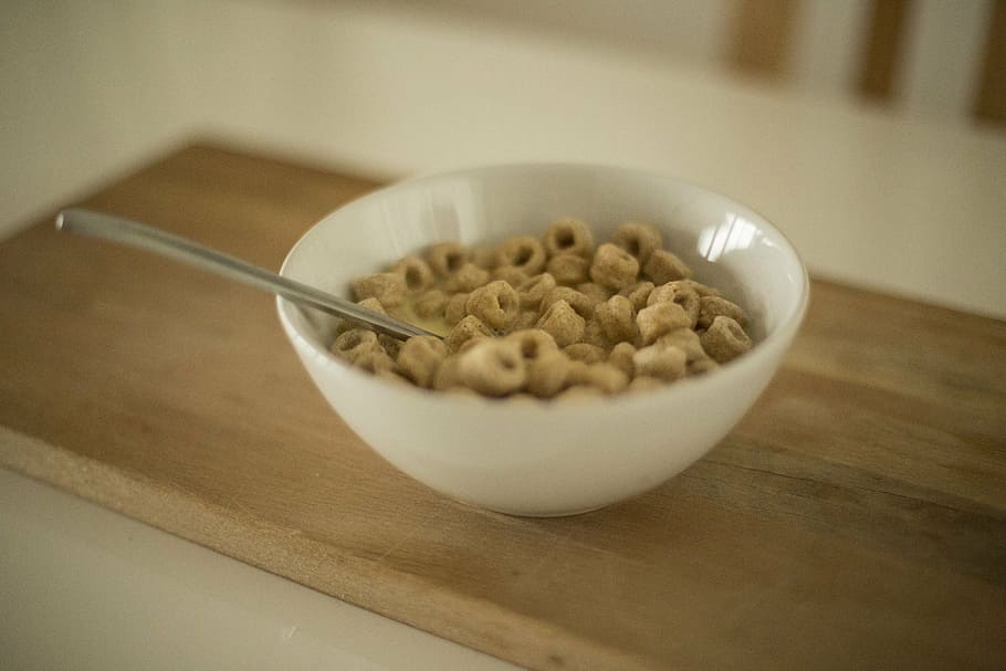 cereals, ceramic, bowl, breakfast, snack, food, spoon, cereal, meal, kitchen