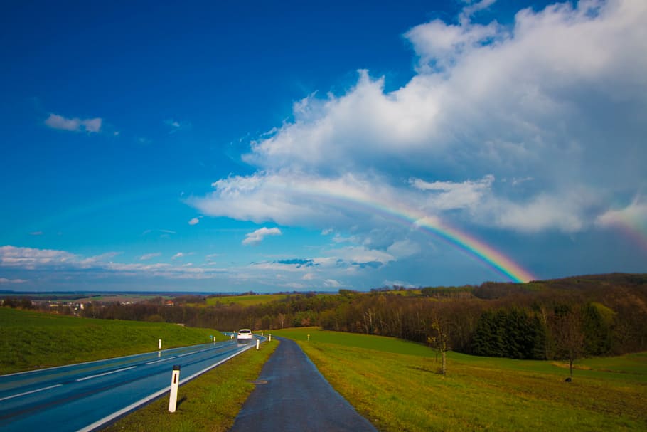 rainbow, cumulus clouds, blue, sky, nature, paths, roads, streets, grass, trees