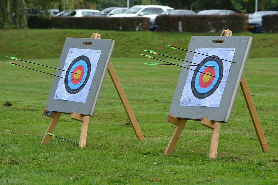 dois, placas de alvo de flecha, tiro com arco, setas, objetivos, esportes, foco, grama, esporte, alvo de esportes