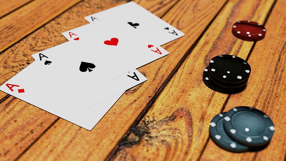 empat, ace, bermain, kartu, coklat, kayu, permukaan, Poker, Permainan, Token
